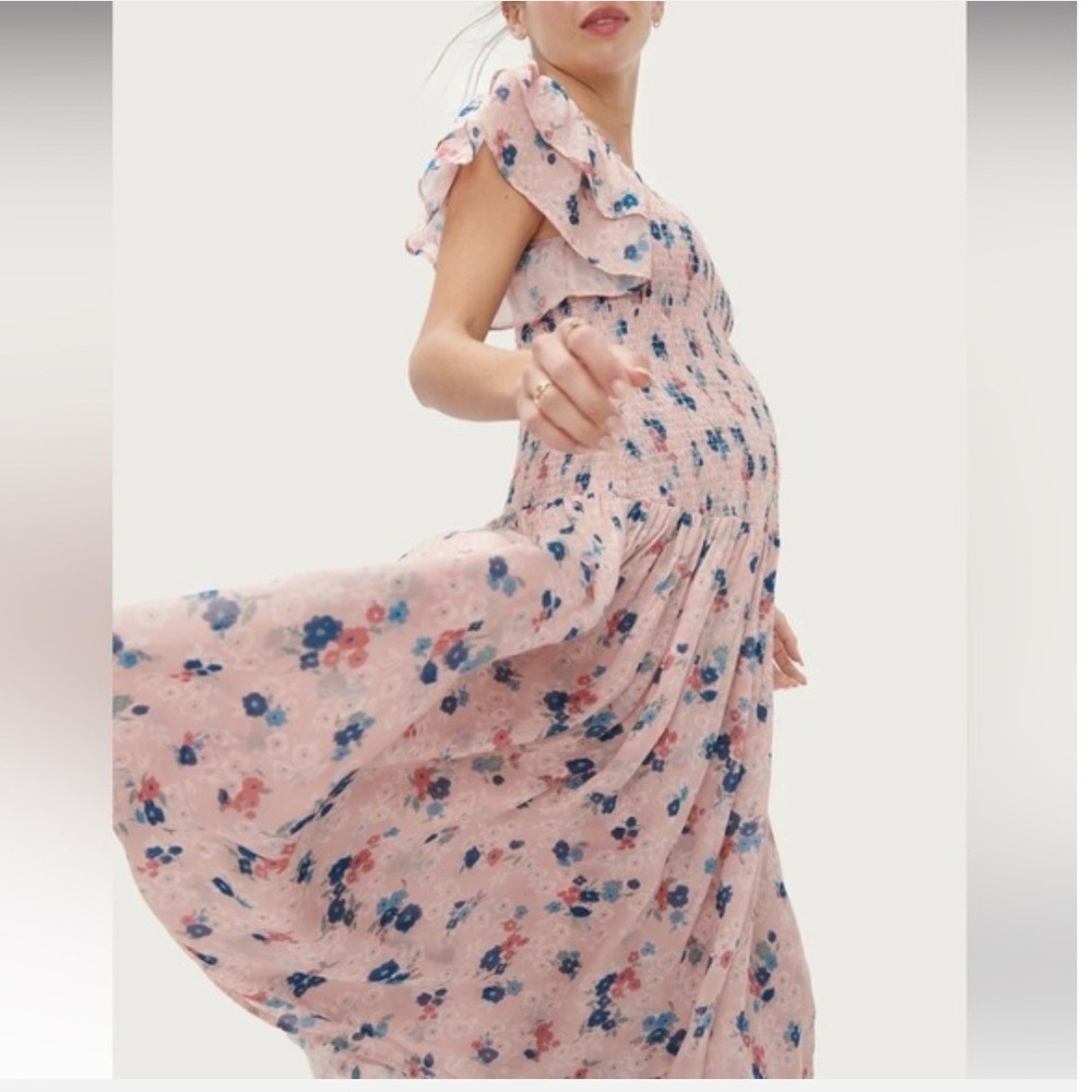 Hatch Cosette Floral Midi Dress Size 4 Maternity Pink Smocked Tiered Square Neck